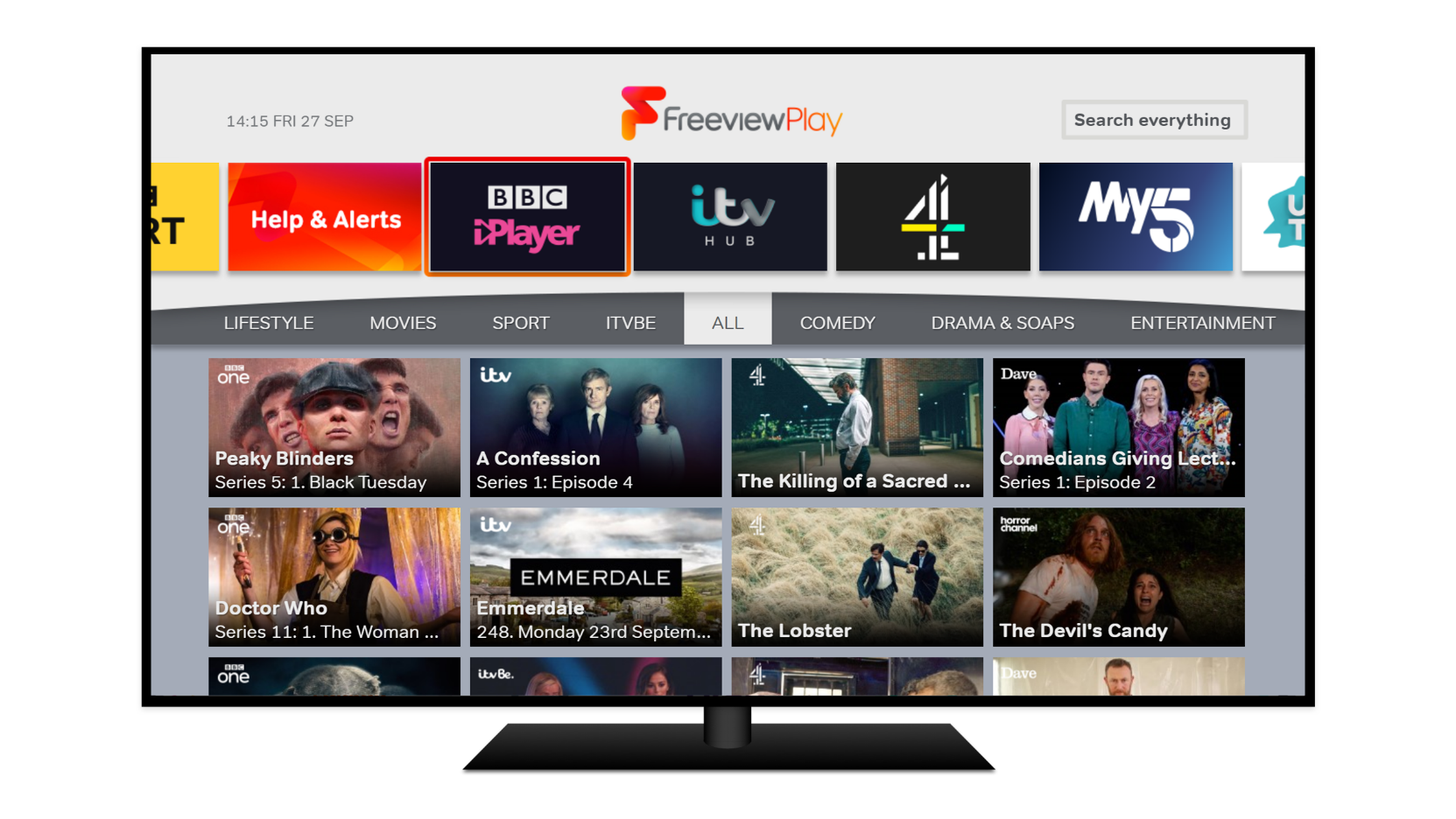 TV showing the Explore Freeview Play interface, which pulls together all the content from BBC iPlayer, ITV Hub, All4, My5, UKTV Play, and the CBS Players in one place