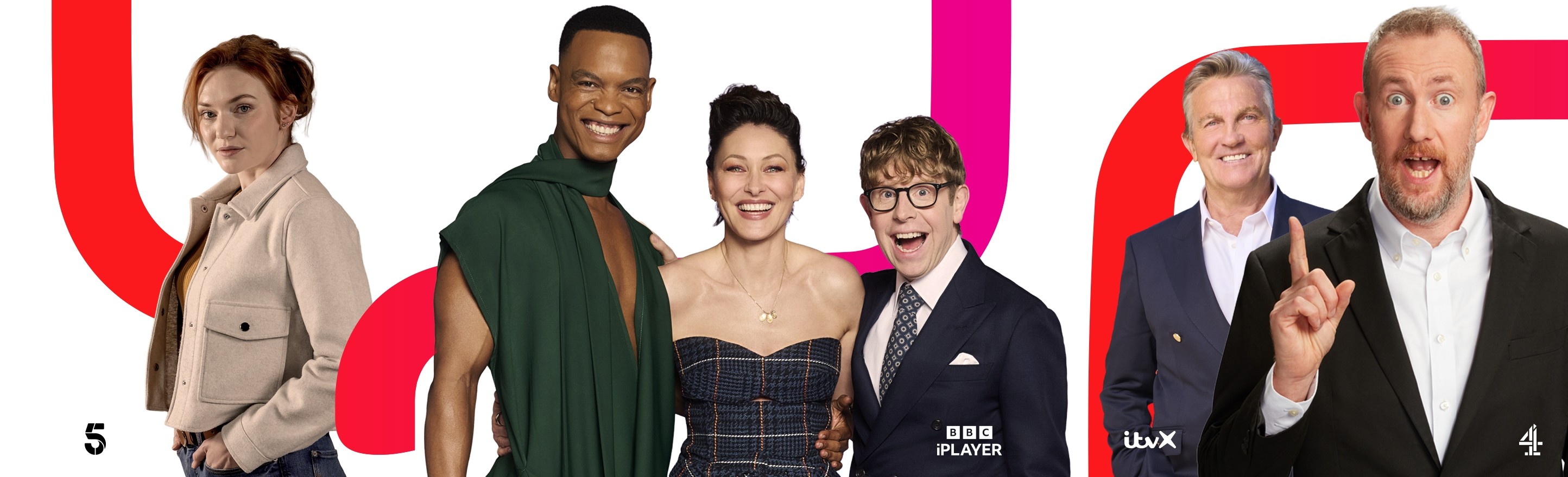Promotional banner featuring several TV personalities with BBC iPlayer, ITVX, Channel 4 and Channel 5 branding.