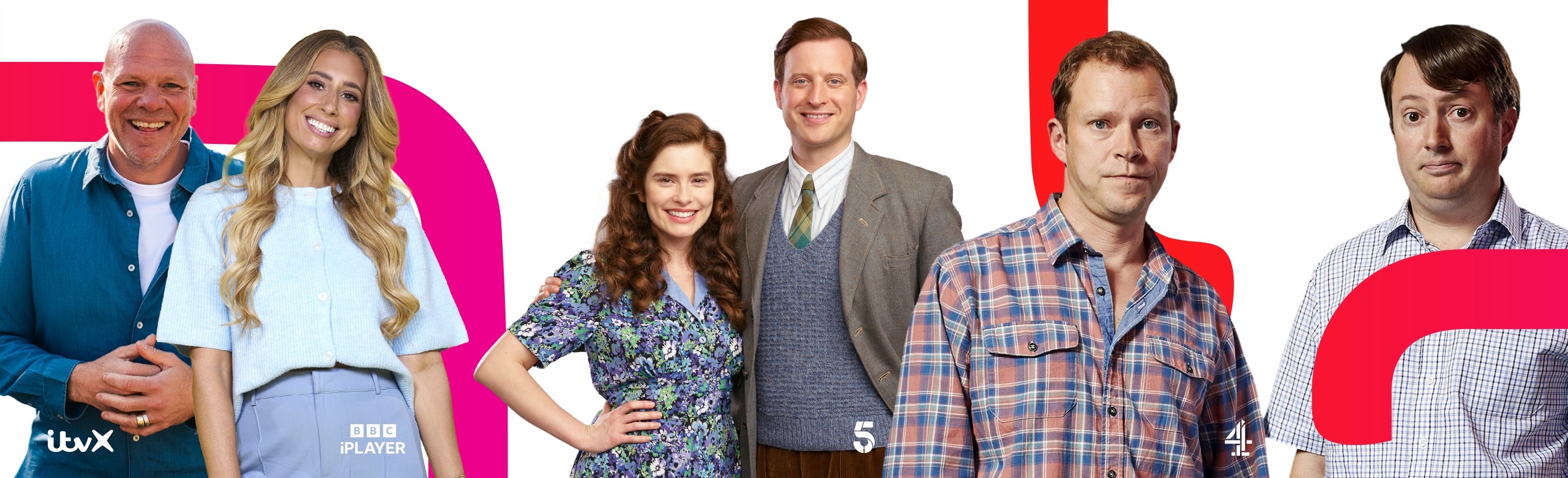 Promotional streaming banner showing five people from different TV programmes, framed by speech-bubble graphics, with Channel 4, BBC iPlayer, ITVX and Channel 5 logos displayed across the image.