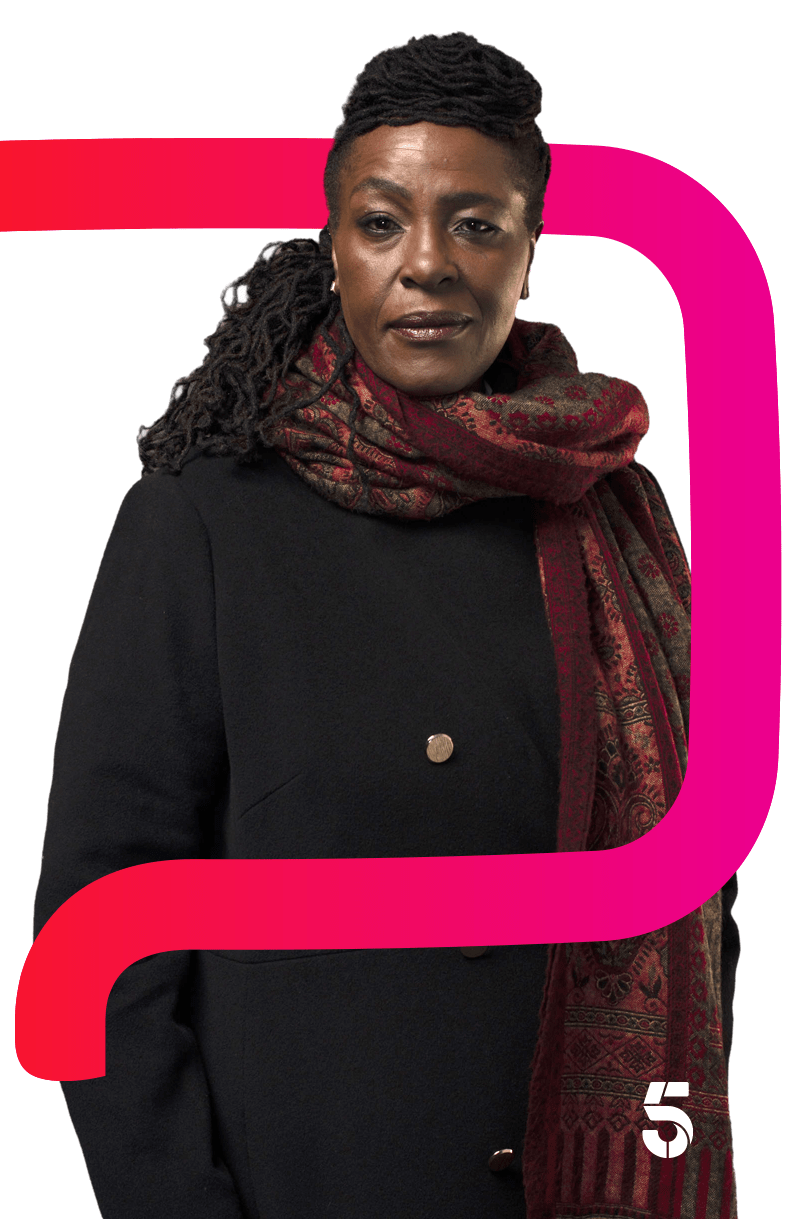 Person wearing a dark coat and patterned burgundy scarf, standing in front of a bright pink graphic shape with the Channel 5 logo.