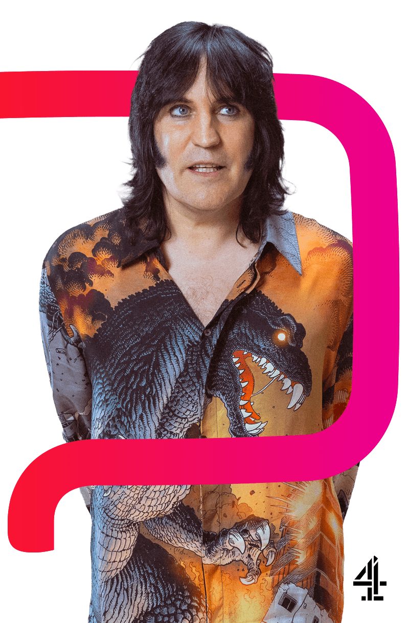 Noel Fielding, wearing a dinosaur-print shirt in front of a pink graphic shape and Channel 4 logo.