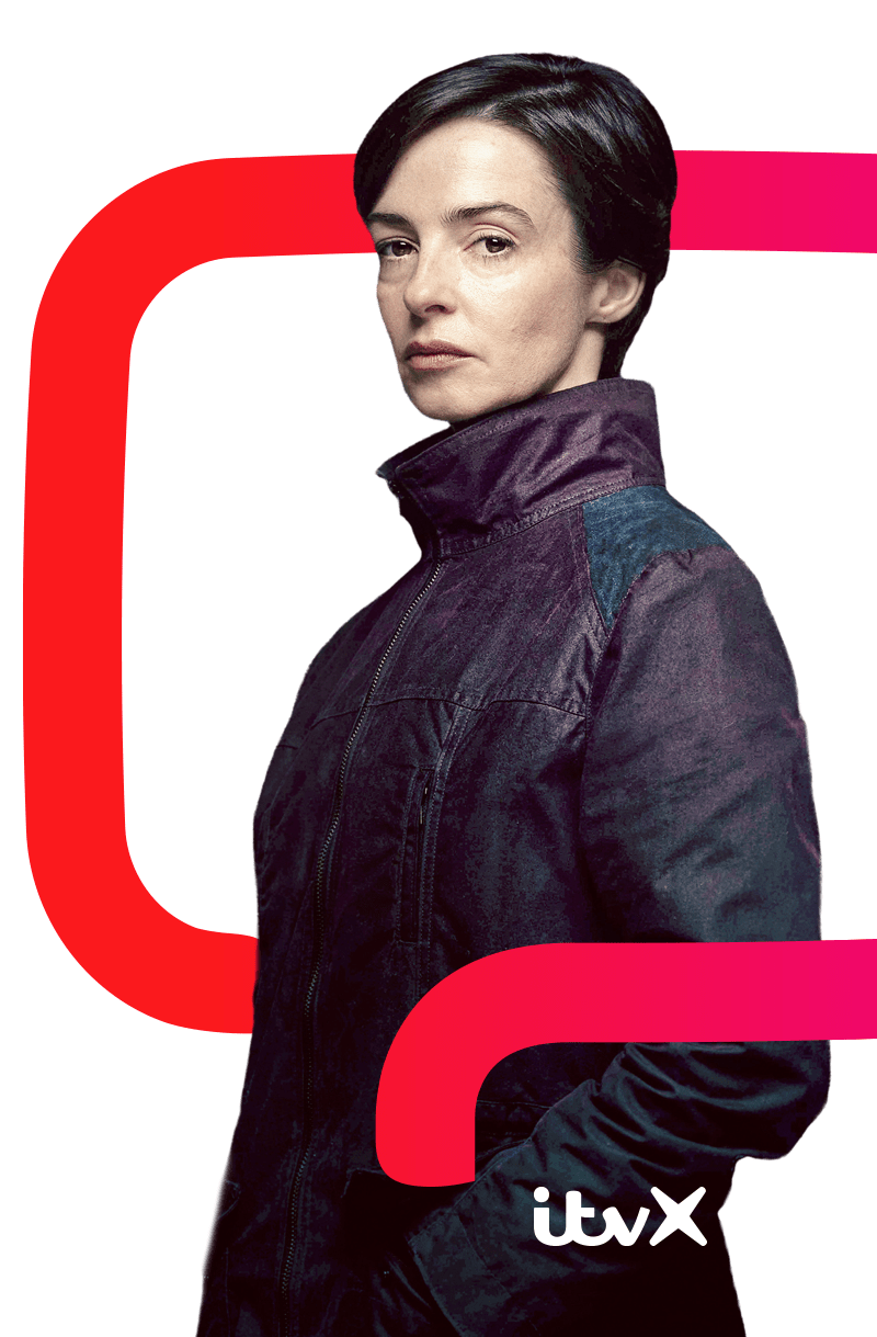 Person in a dark high-collared jacket standing in profile against a bright pink graphic shape, with the ITVX logo in the corner.