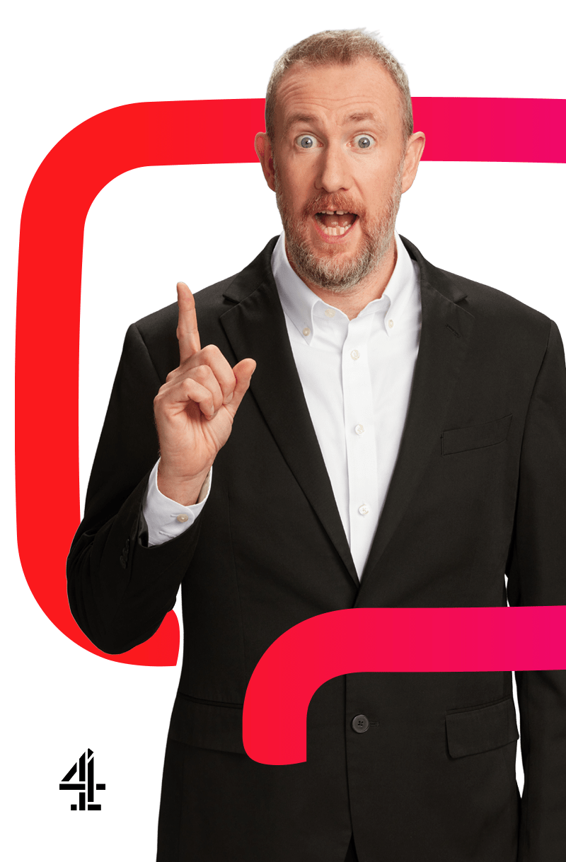 Person in a black suit and white shirt raising one finger, standing in front of a bright pink graphic shape with the Channel 4 logo.