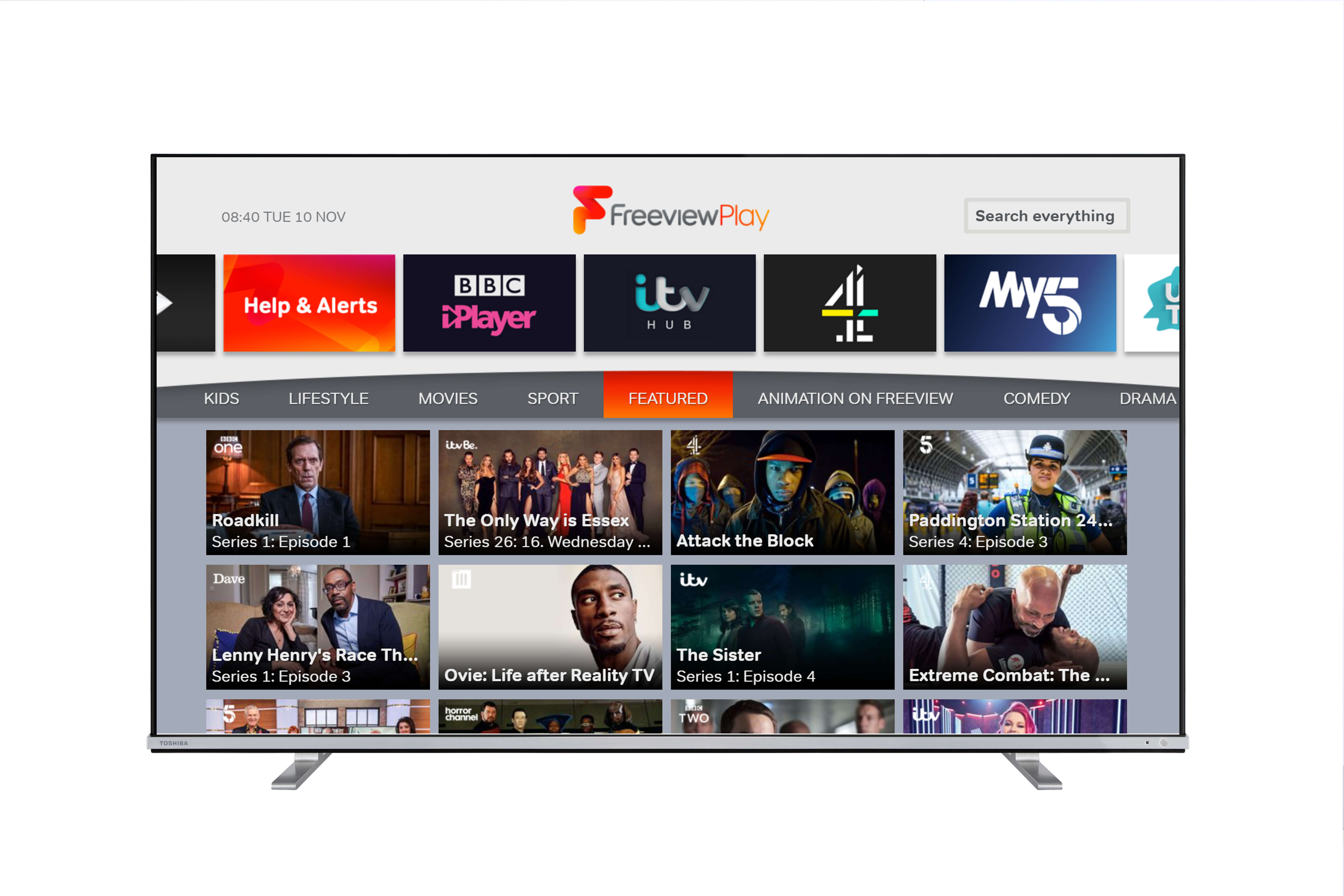 Toshiba TV on the Explore Freeview Play page hosted on Channel 100