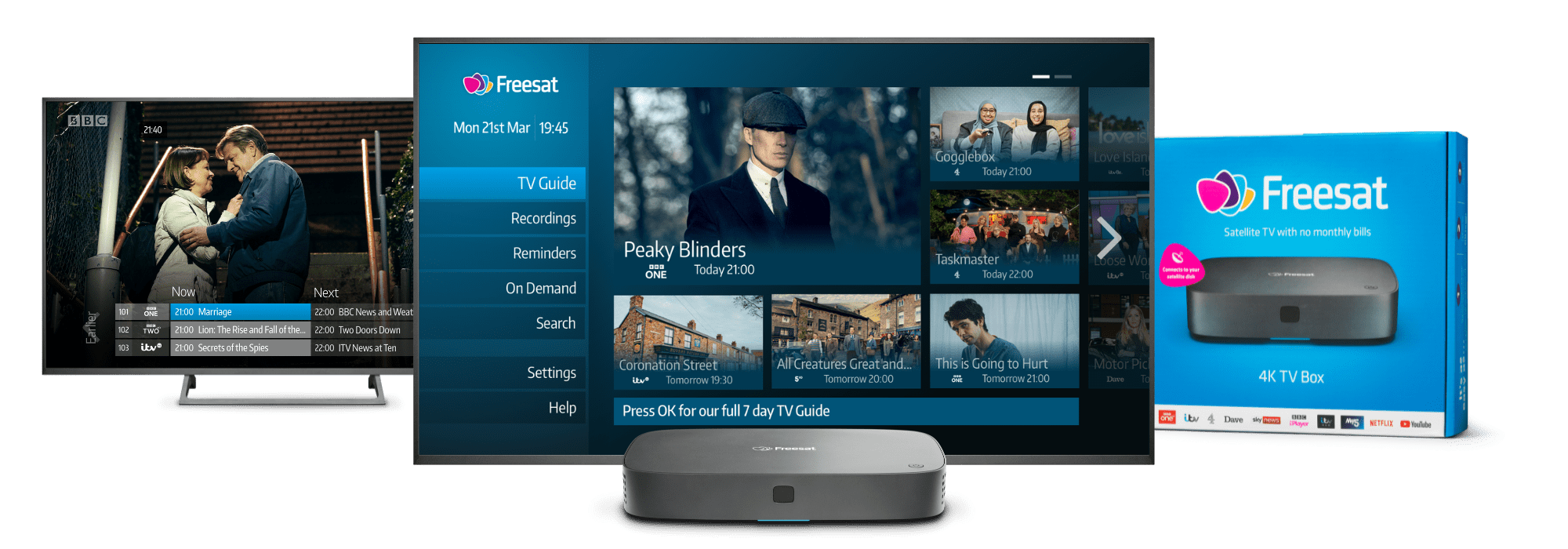 freesat tv UI and box packaging
